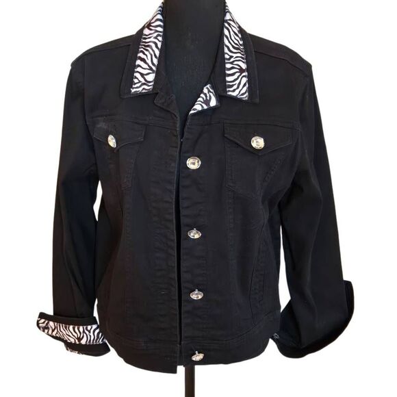 Women's Zebra Print Trim Crystal Button Front Denim Cotton Jacket Black Large - Picture 1 of 11